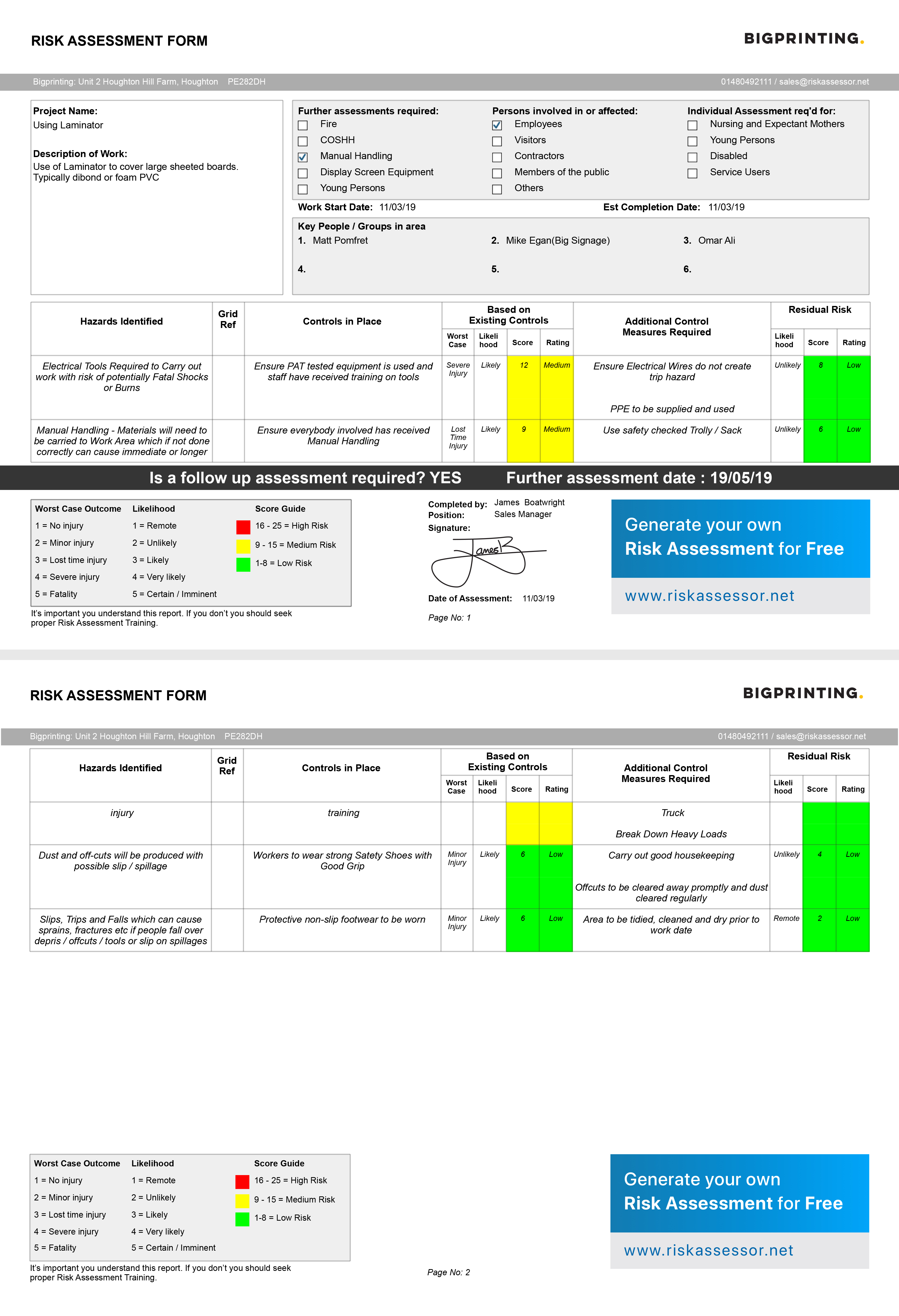Sample risk assessment PDF produced by this template